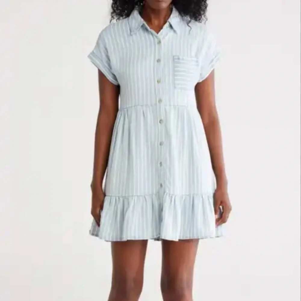Blu Pepper Blue White Striped Lyocell Button Front Ruffle Mini Dress L